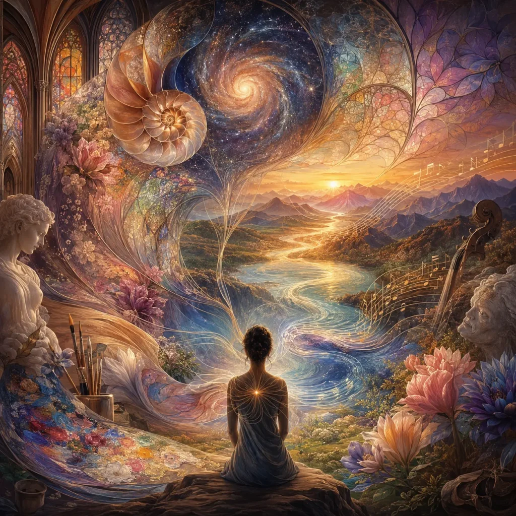 A seated figure observes a surreal landscape where nature, music, painting, sculpture, architecture and cosmic patterns merge into an experience of beauty.