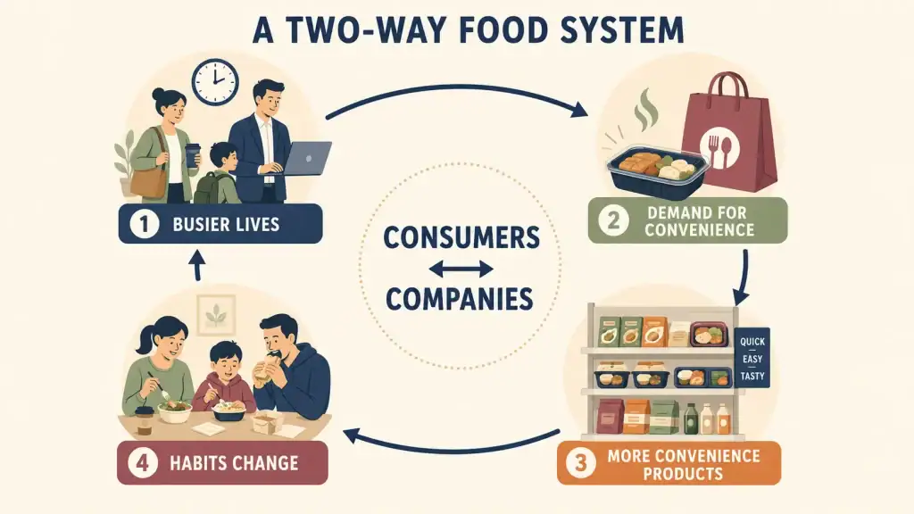 Circular diagram showing how busy lifestyles, demand for convenience, new products and changing habits influence one another.