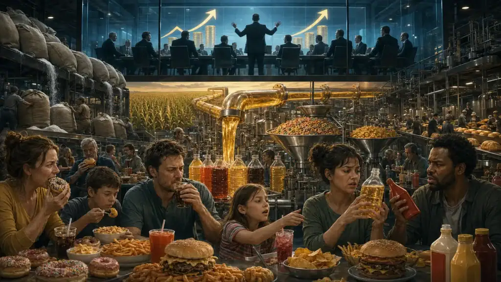 Families consume processed foods as corn syrup flows from an industrial pipeline watched by corporate executives.