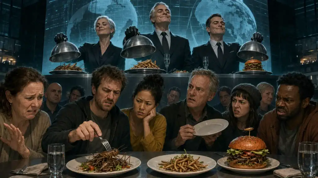 Ordinary diners react with disgust as corporate elites serve meals made from crickets and mealworms.