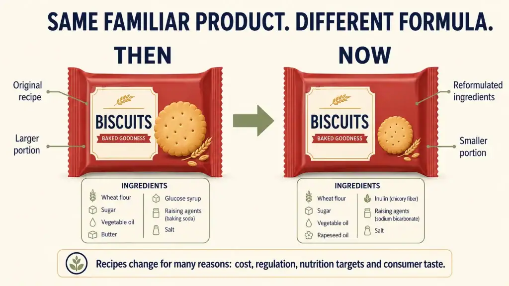 Before-and-after diagram showing changes to a familiar food product’s recipe and portion size.