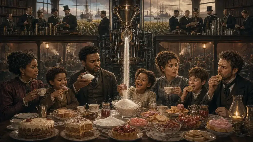 Victorian families enjoy cakes and sweets beneath an industrial sugar refinery while merchants count their profits.