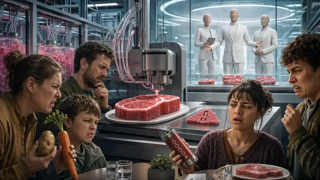 A family looks horrified as a futuristic machine prints artificial steaks inside a clinical laboratory.