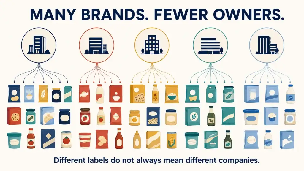 Diagram showing numerous food brands connected to a smaller number of parent companies.