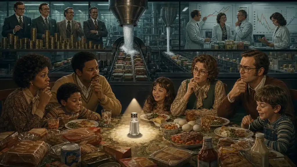 Two families stare uncertainly at a salt shaker while processed-food companies add salt to factory-made products behind them.