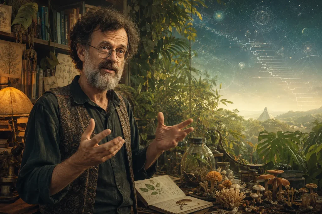 Editorial illustration of Terence McKenna discussing ideas among botanical specimens, books, mushrooms and scientific diagrams.