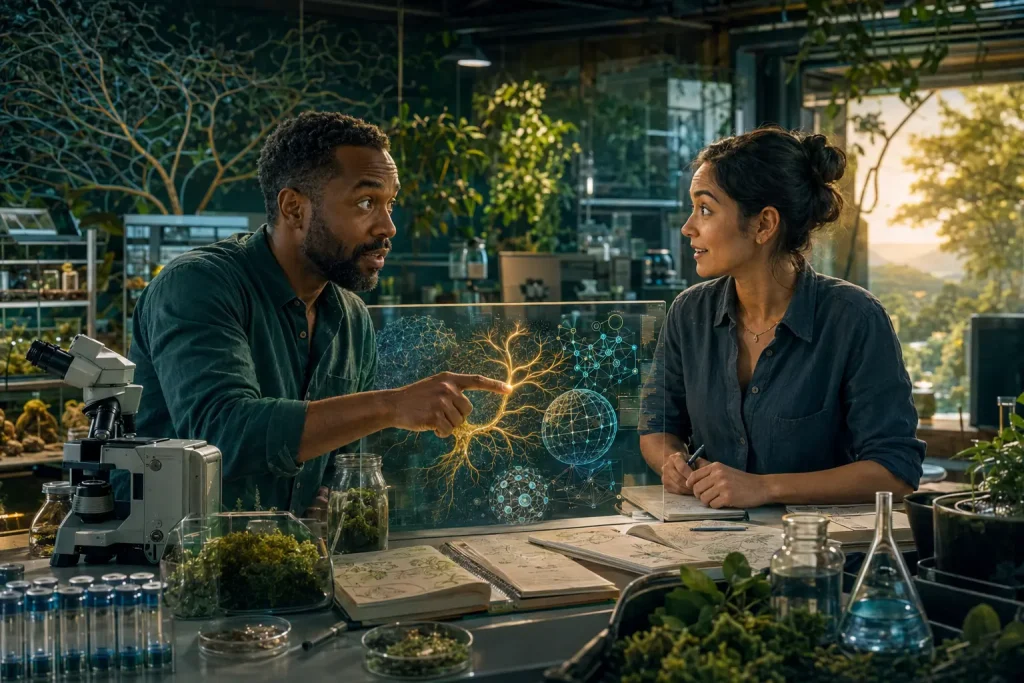 Black male scientist and female scientist exchanging an excited look after discovering a possible connection in their research.