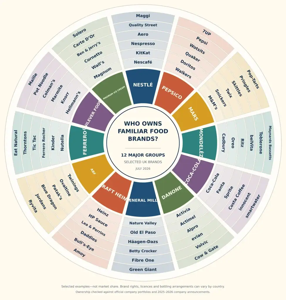 Circular diagram connecting twelve major food and drink companies with familiar brands they own in 2026.