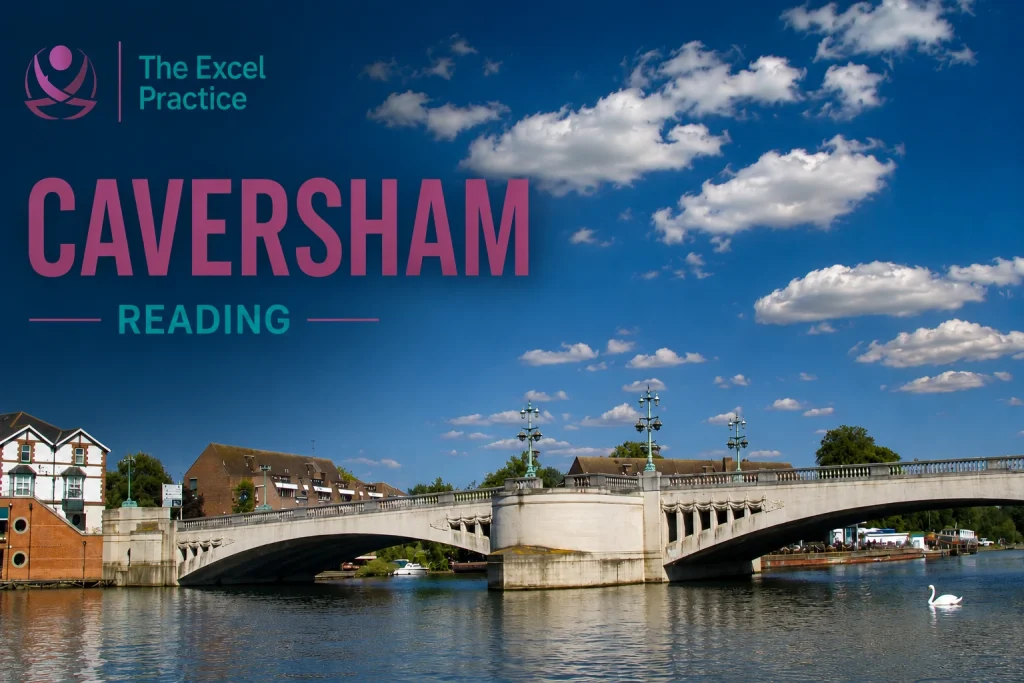 Caversham Bridge in Reading with The Excel Practice branding promoting hypnotherapy services in Caversham and Reading.