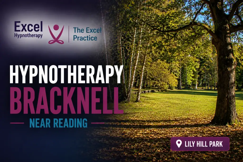 Lily Hill Park in Bracknell with The Excel Practice branding promoting hypnotherapy services in Bracknell near Reading.