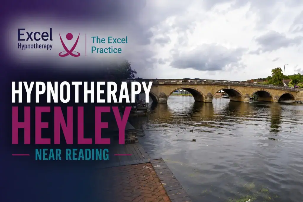 Henley Bridge over the River Thames with The Excel Practice branding promoting hypnotherapy services in Henley near Reading.