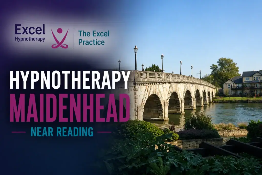 Maidenhead Bridge over the River Thames with The Excel Practice branding promoting hypnotherapy services in Maidenhead near Reading.