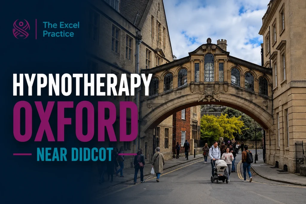 The Bridge of Sighs in Oxford with The Excel Practice branding promoting hypnotherapy services in Oxford near Didcot.