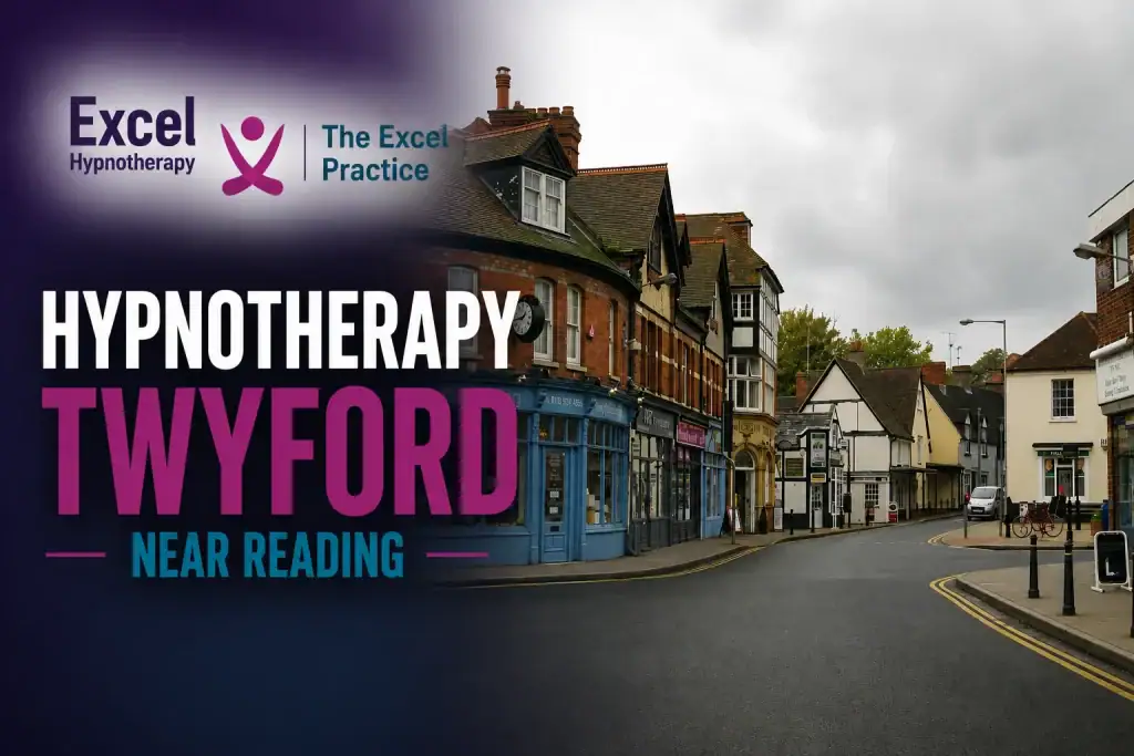 Twyford High Street with The Excel Practice branding promoting hypnotherapy services in Twyford near Reading.