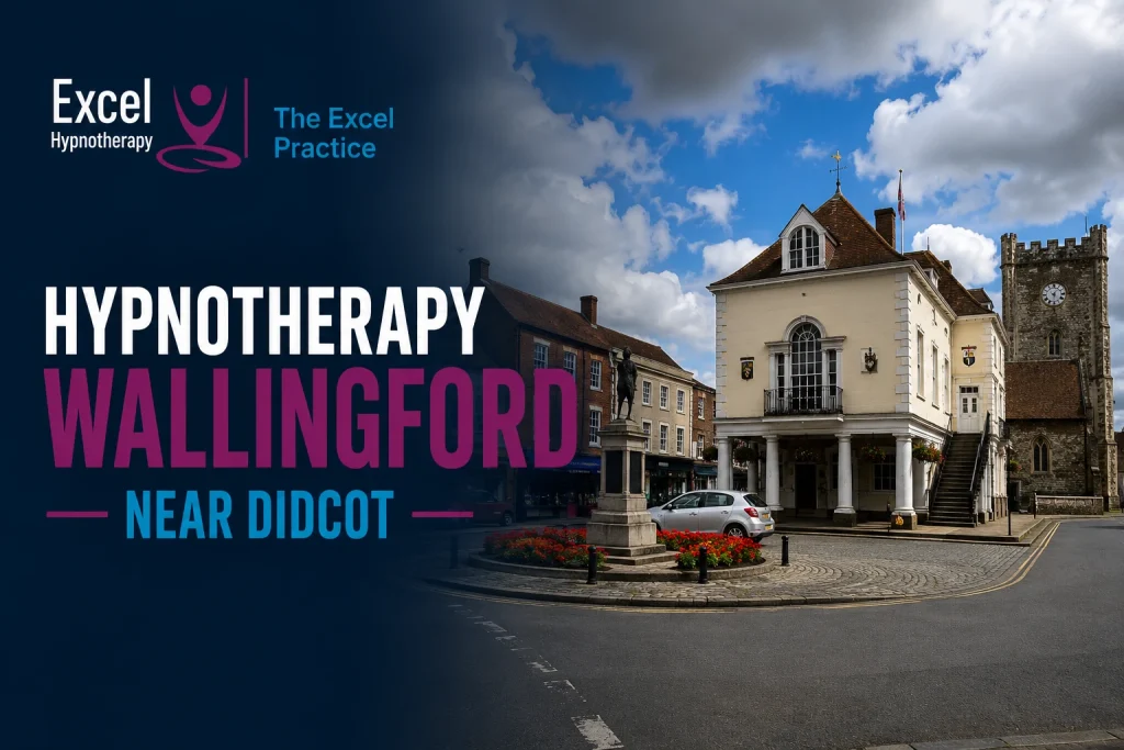 Wallingford Town Hall and St Mary’s Church with Excel Hypnotherapy branding for hypnotherapy services near Didcot.