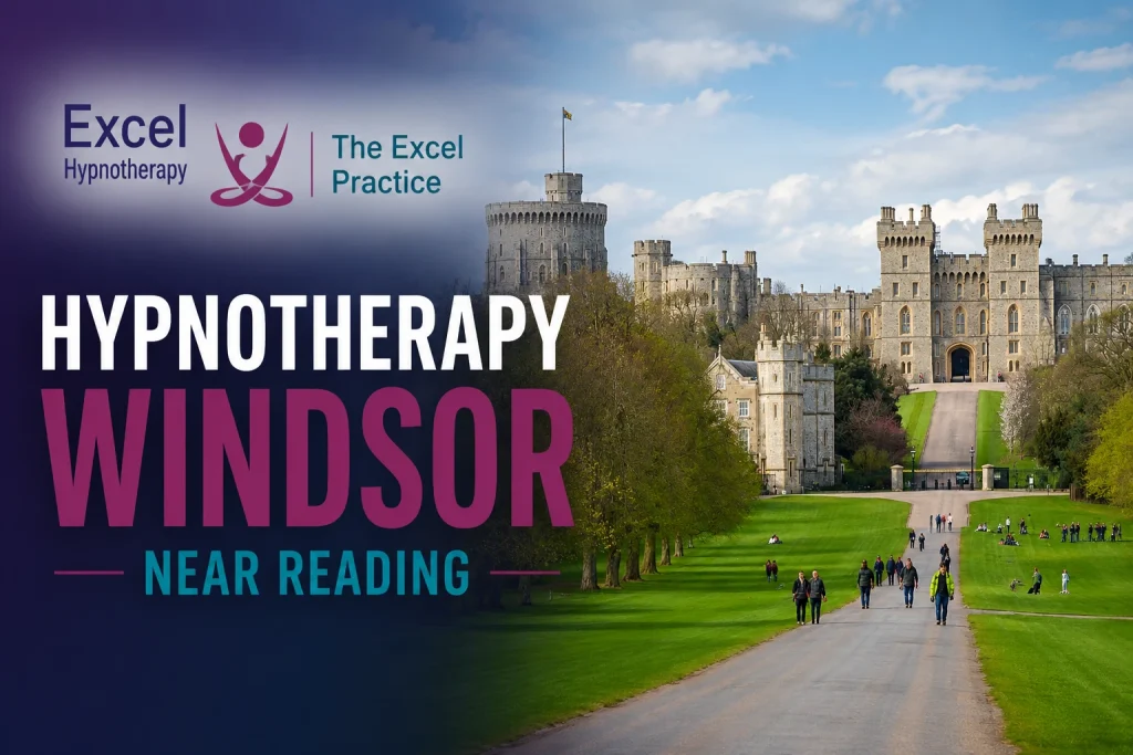 Windsor Castle viewed from the Long Walk with The Excel Practice branding promoting hypnotherapy services in Windsor near Reading.