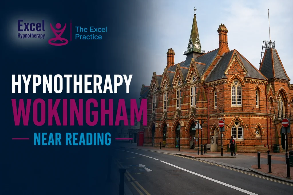 Wokingham Town Hall with The Excel Practice branding promoting hypnotherapy services in Wokingham near Reading.