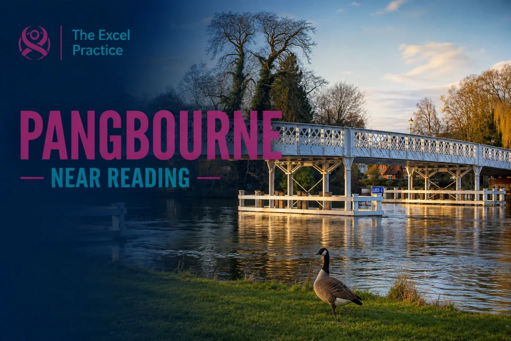 Whitchurch Bridge at Pangbourne with The Excel Practice branding promoting hypnotherapy services in Pangbourne near Reading.