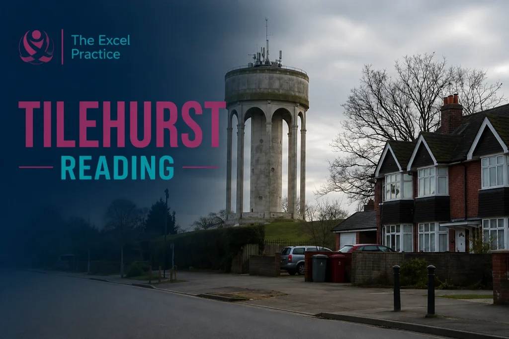 Tilehurst Water Tower in Reading with The Excel Practice branding promoting hypnotherapy services in Tilehurst, Reading.