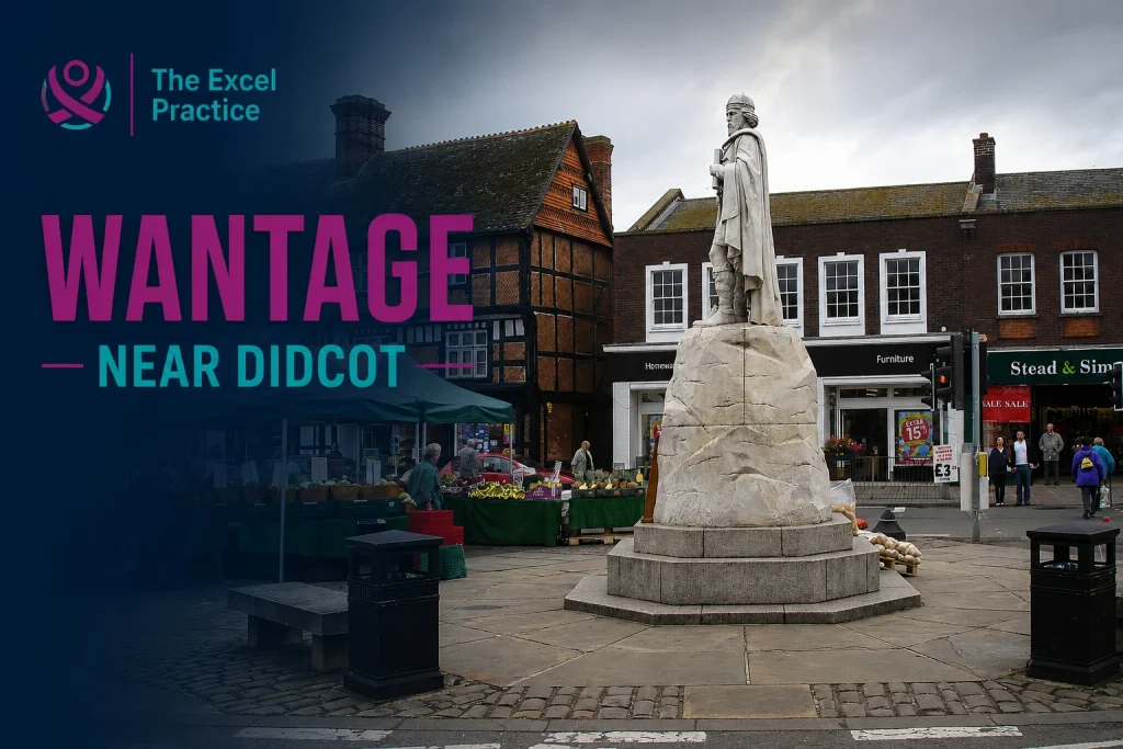 Statue of Alfred the Great in Wantage Market Place with The Excel Practice branding for hypnotherapy near Didcot.
