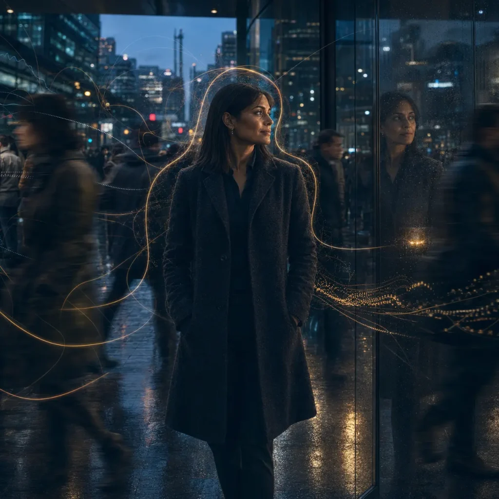 A woman pauses among a moving city crowd as a golden outline and her reflection represent the moment she becomes aware of her own experience.