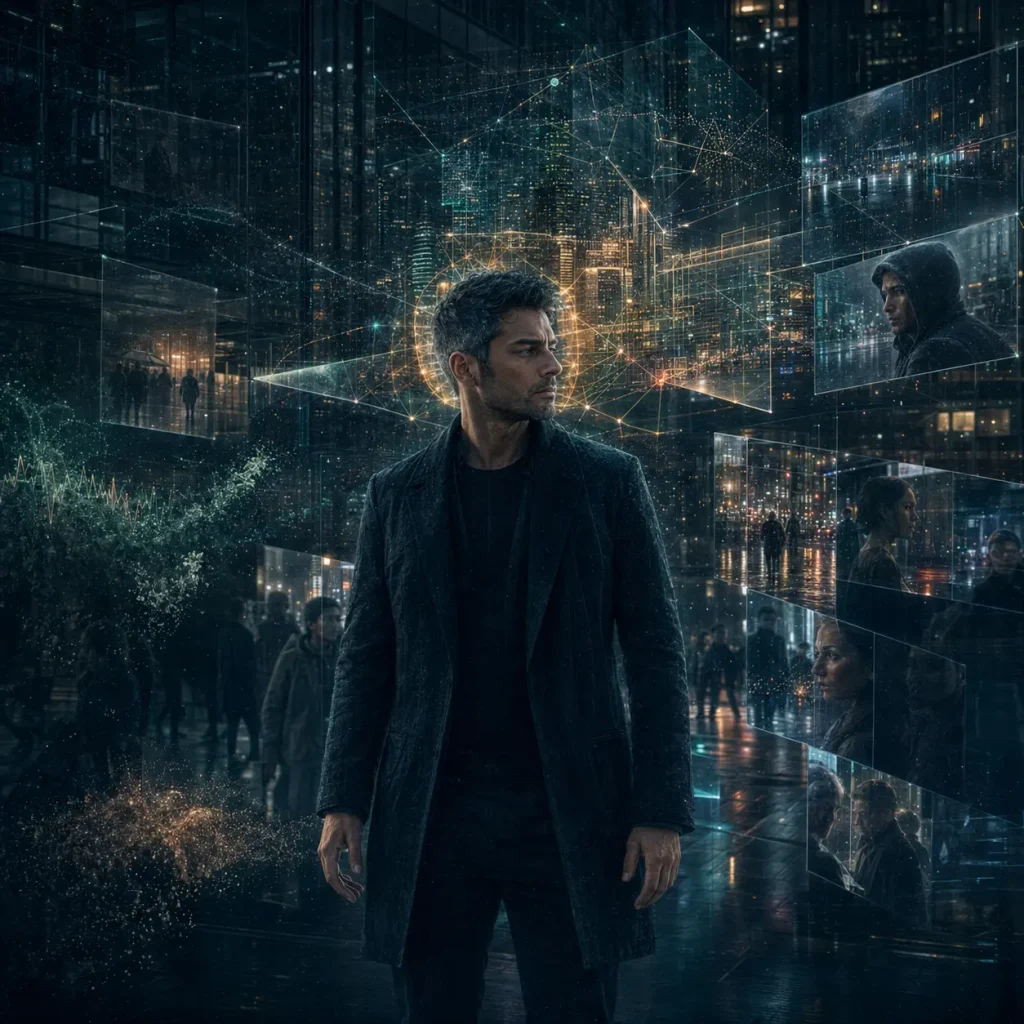 A man observes fragmented and competing versions of a city as his mind selects and assembles them into a coherent experience of reality.