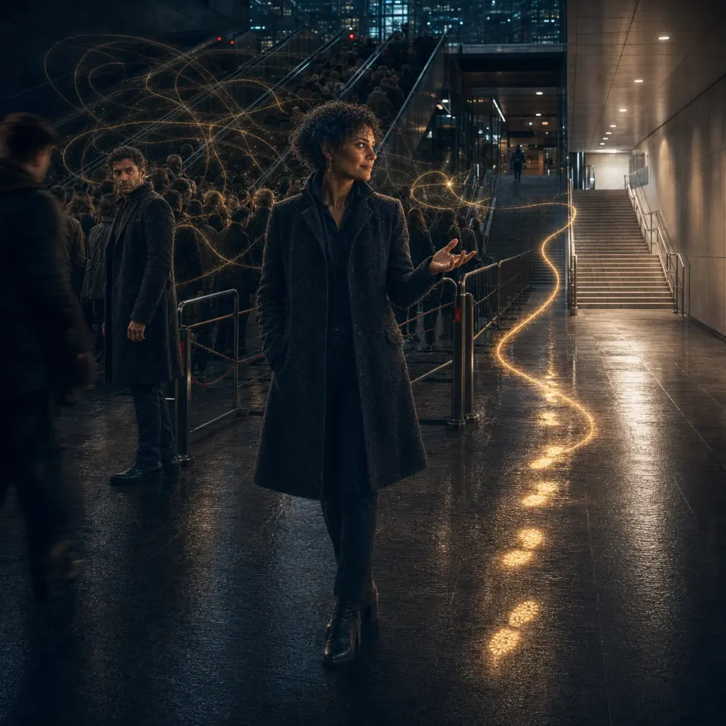 A woman notices an empty staircase beside a crowded route while a man behind her realises they have both overlooked the obvious practical solution.