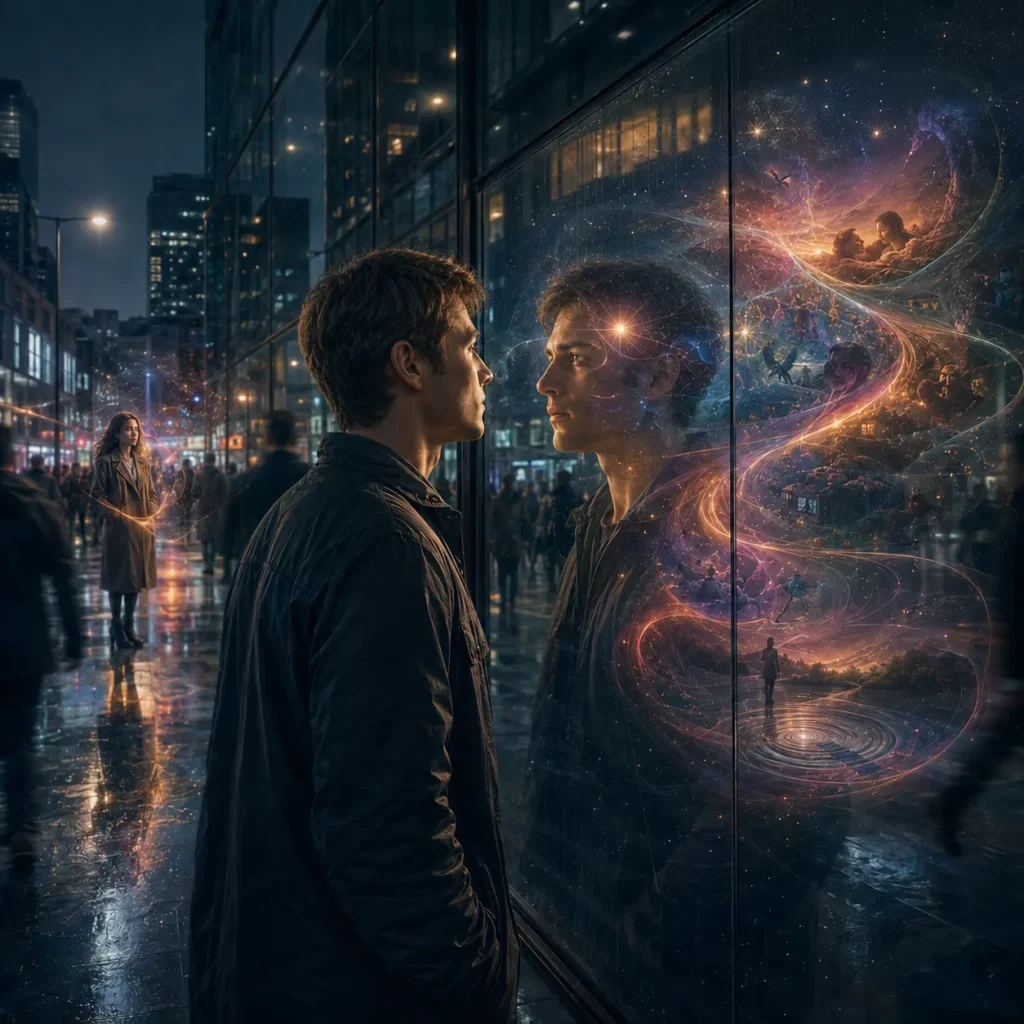 A man looks into a glass reflection filled with luminous memories, sensations and emotions, while a woman behind him appears within her own separate field of awareness.