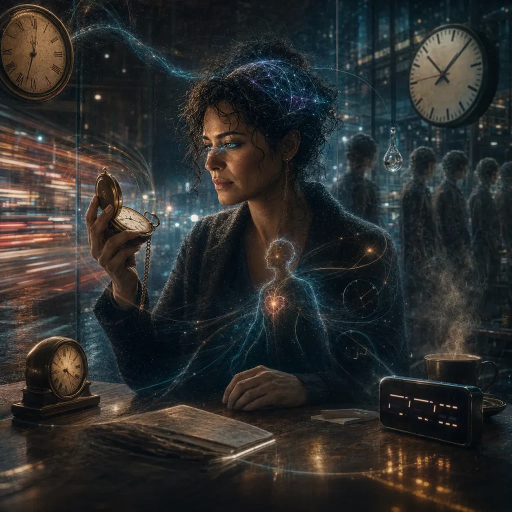 A woman studies an antique pocket watch while clocks, motion trails and suspended moments represent different experiences of time.