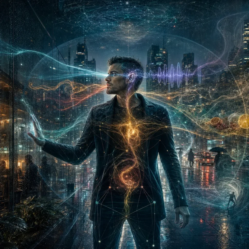 Eight sensory streams flow through a man in a modern city, expanding into awareness, intuition and the wider experience of consciousness.