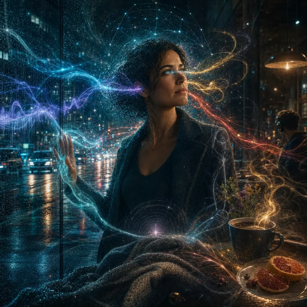 A woman recognises sight, hearing, smell, taste and touch while fainter sensory signals suggest balance, body position and internal awareness.