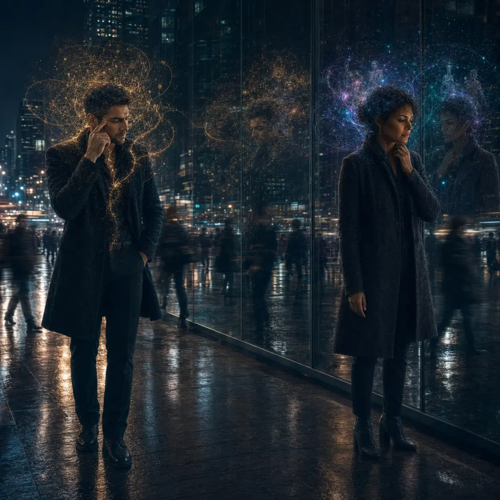 A man and woman pause in a busy city while different patterns around their minds represent verbal and nonverbal forms of inner experience.