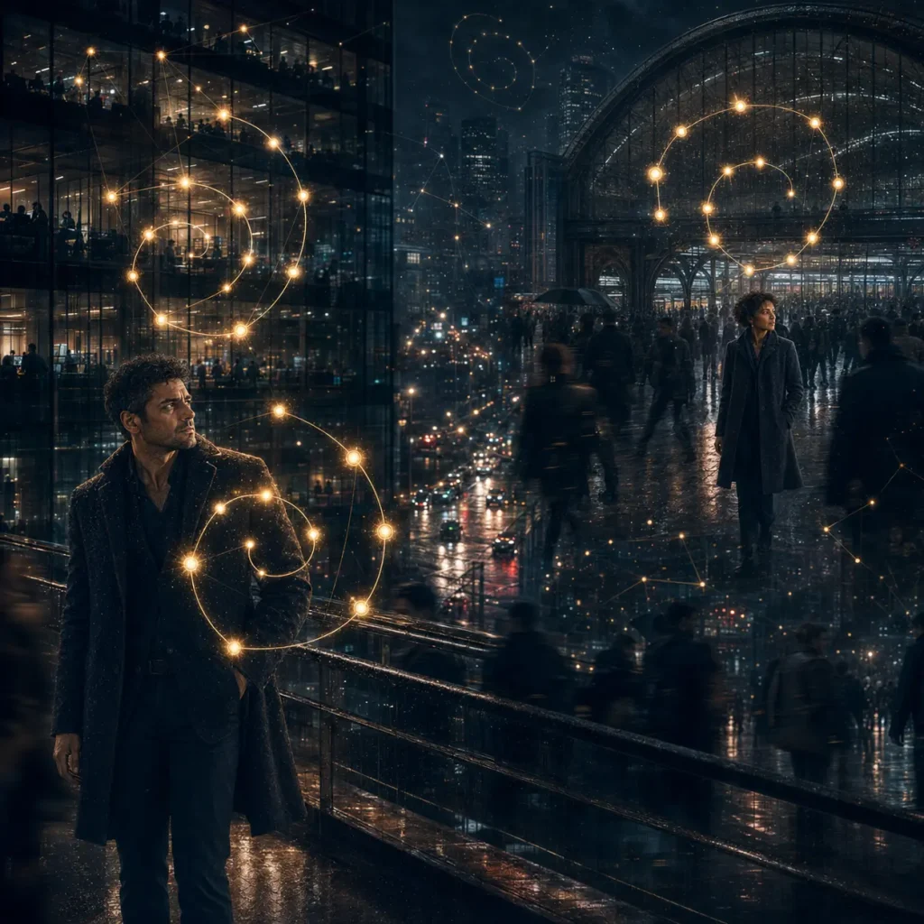 A man and woman in different parts of a city independently recognise the same illuminated pattern emerging from buildings, crowds and lights.