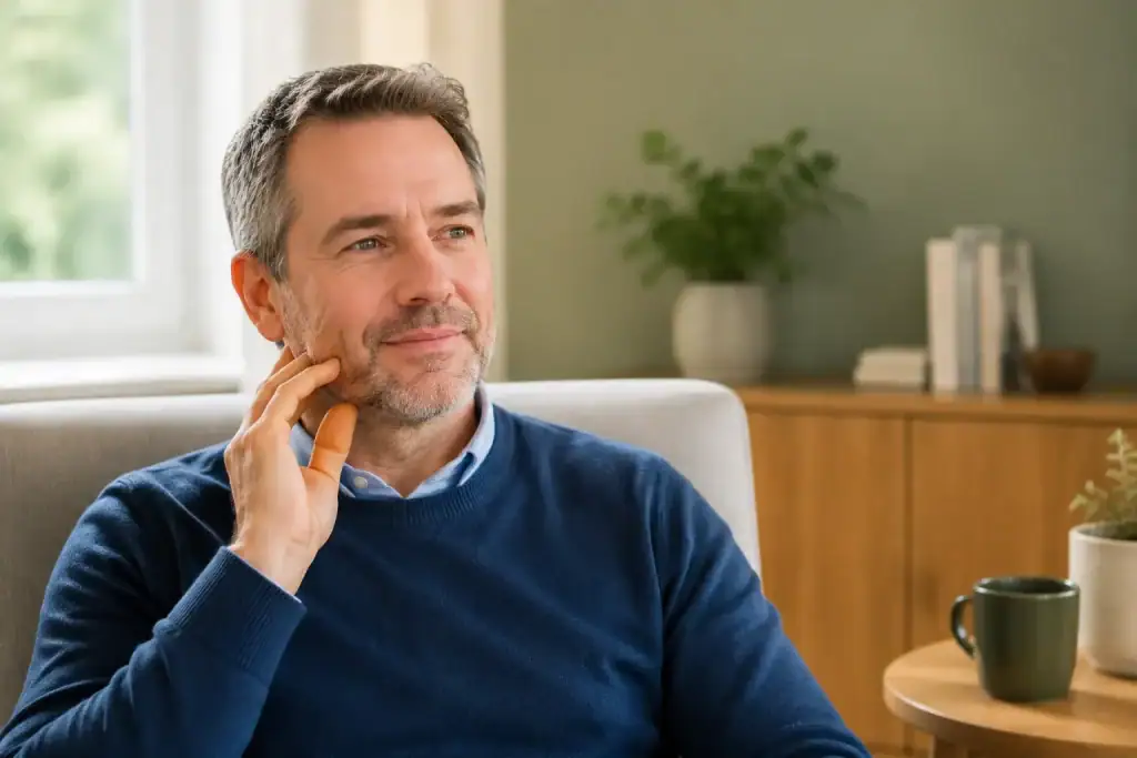 Relaxed man touching his jaw after finding relief from teeth grinding and jaw clenching