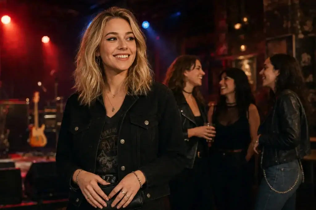 Happy young blonde woman enjoying a rock club with her hands relaxed away from her hair