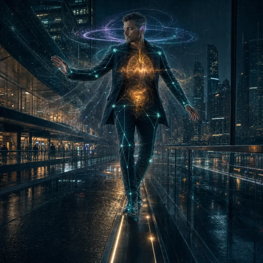 A man becomes aware of balance, body position, heartbeat, breathing and internal sensations while carefully moving through a modern city.