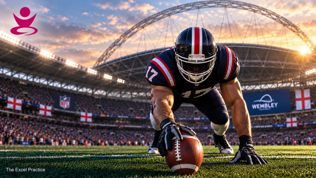 American football player preparing for play in a Wembley-style stadium, representing American football performance support at The Excel Practice.