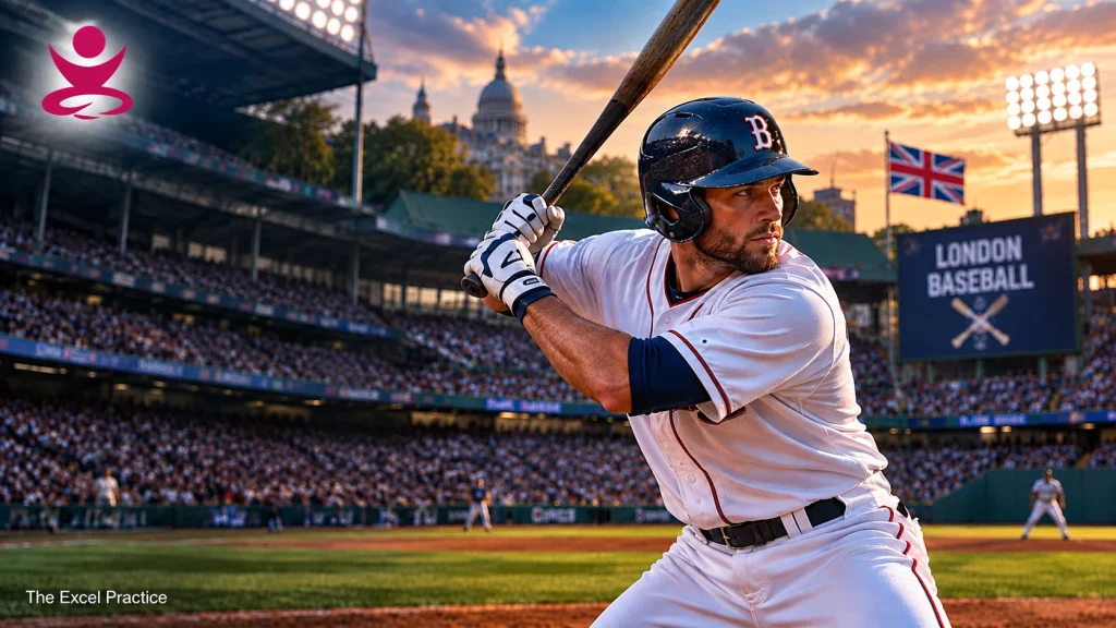 Baseball player preparing to bat in a London stadium, representing baseball performance coaching at The Excel Practice.