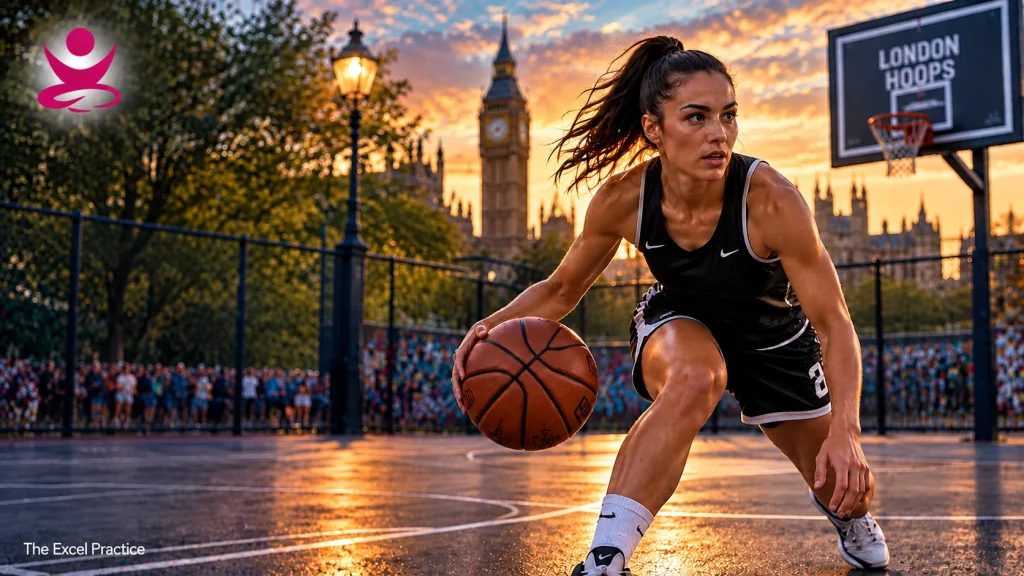 Female basketball player dribbling on an outdoor court in London, representing basketball performance coaching at The Excel Practice.