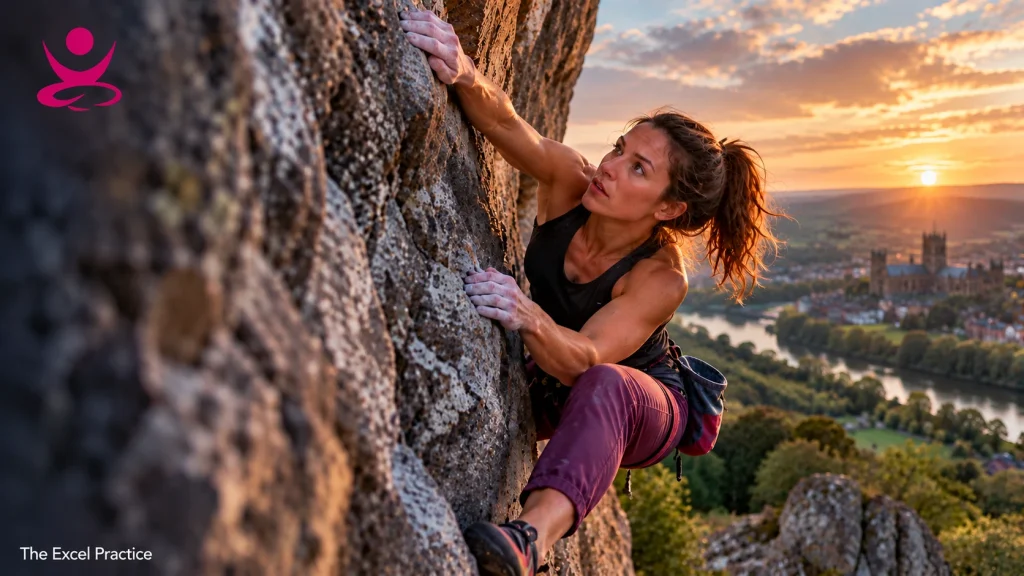 Female climber scaling an outdoor rock face, representing climbing and bouldering performance coaching at The Excel Practice.