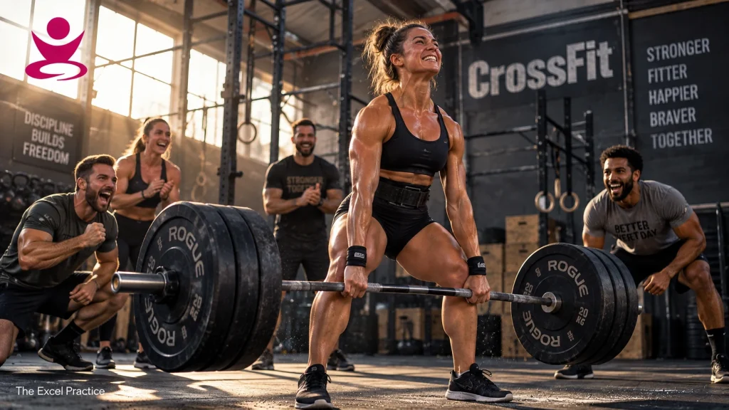 Female CrossFit athlete performing a heavy deadlift while fellow athletes encourage her, representing mental strength and performance coaching.