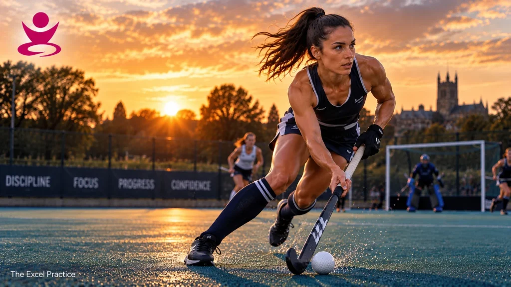 Female hockey player controlling the ball during a competitive match, representing hockey performance coaching and mental preparation.