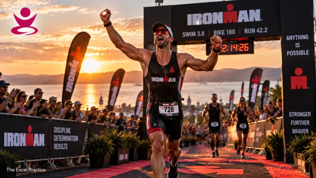 Ironman endurance athlete celebrating as he crosses the finish line after a long-distance triathlon event.