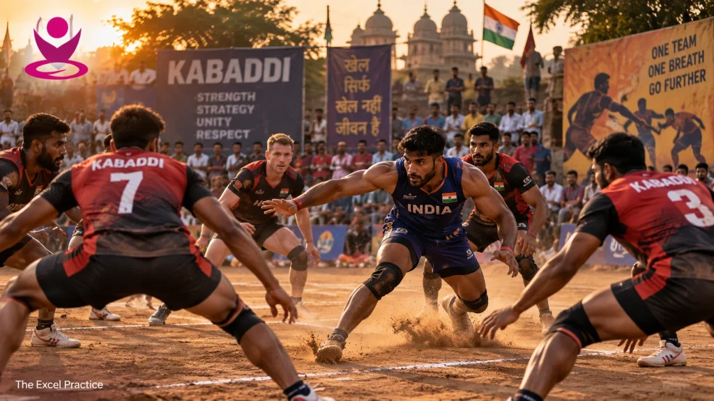 Kabaddi player attempting a raid against a group of defenders during a competitive match in India.