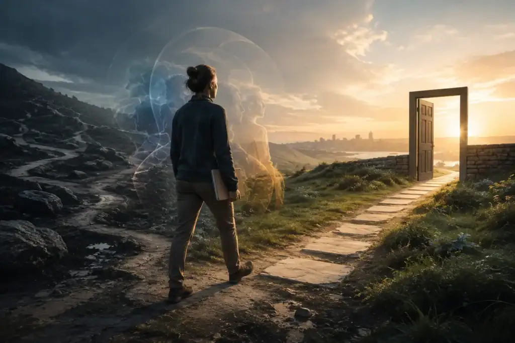 Woman beginning a purposeful journey from uncertainty towards a clear path and open doorway