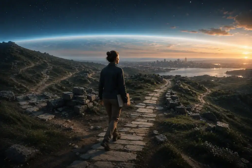 Woman continuing along an adapting pathway beneath the Earth and stars