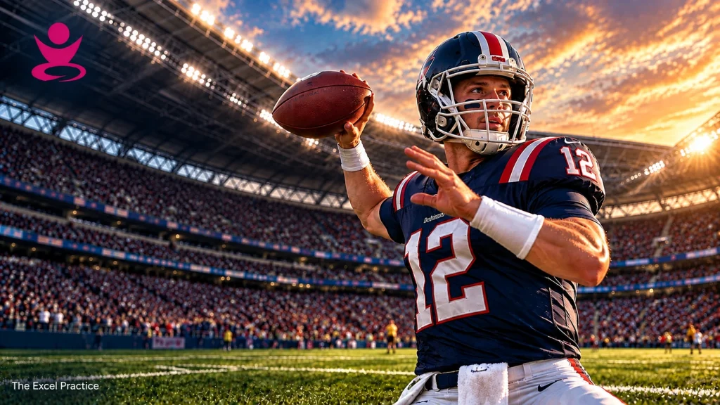 American football quarterback preparing to throw the ball in a stadium, representing quarterback performance coaching at The Excel Practice.