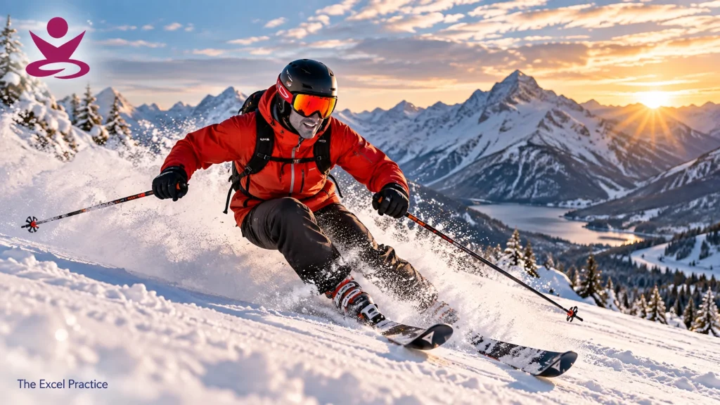 Skier confidently carving through snow on a mountain slope, representing skiing performance coaching and confidence.