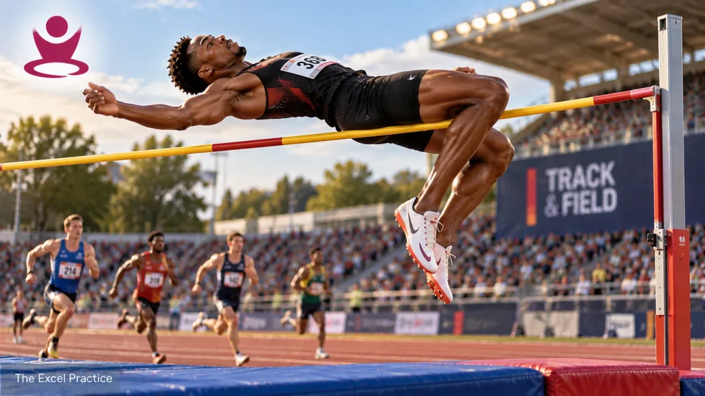 High jump athlete clearing the bar with track runners racing in the background at an athletics stadium.