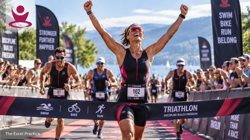 Triathlon athlete celebrating as she crosses the finish line with other competitors close behind.